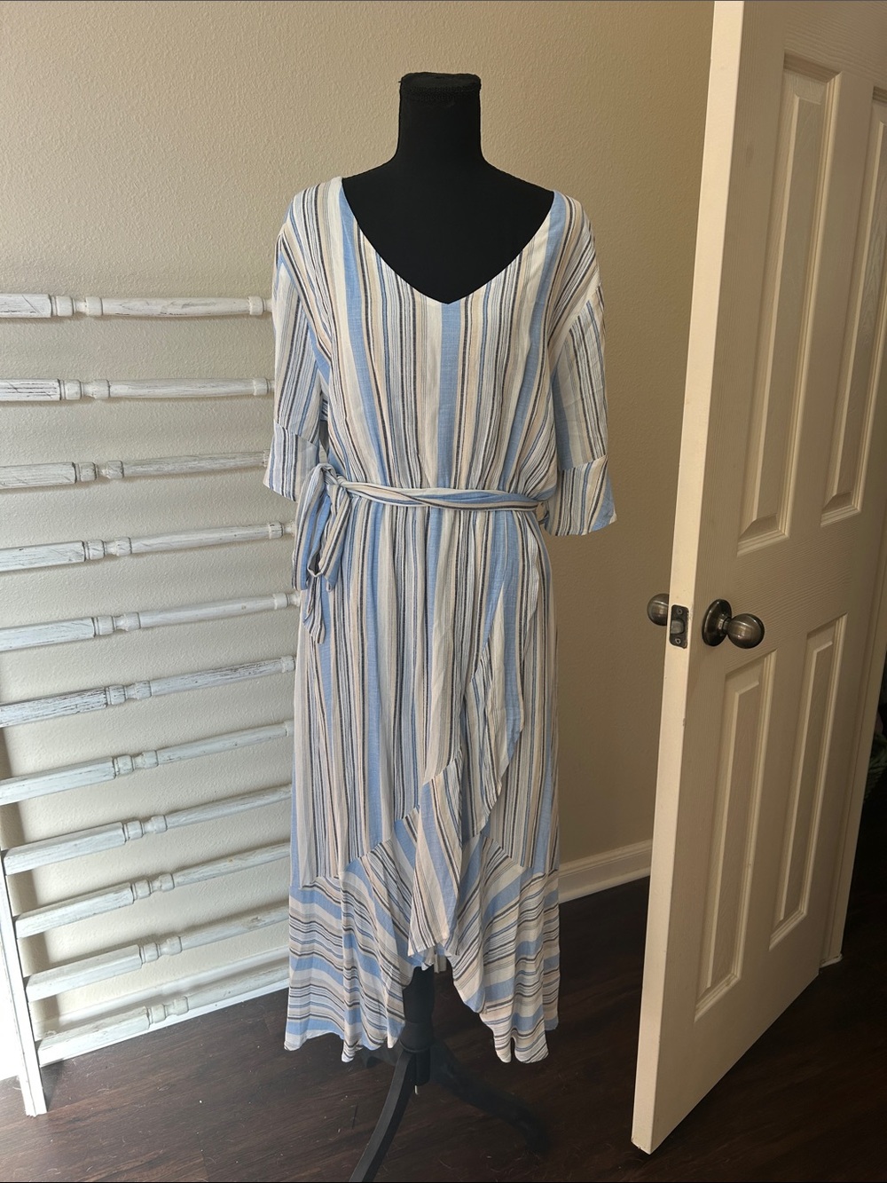 Reborn J Light Blue & White Striped High-Low Wrap Dress